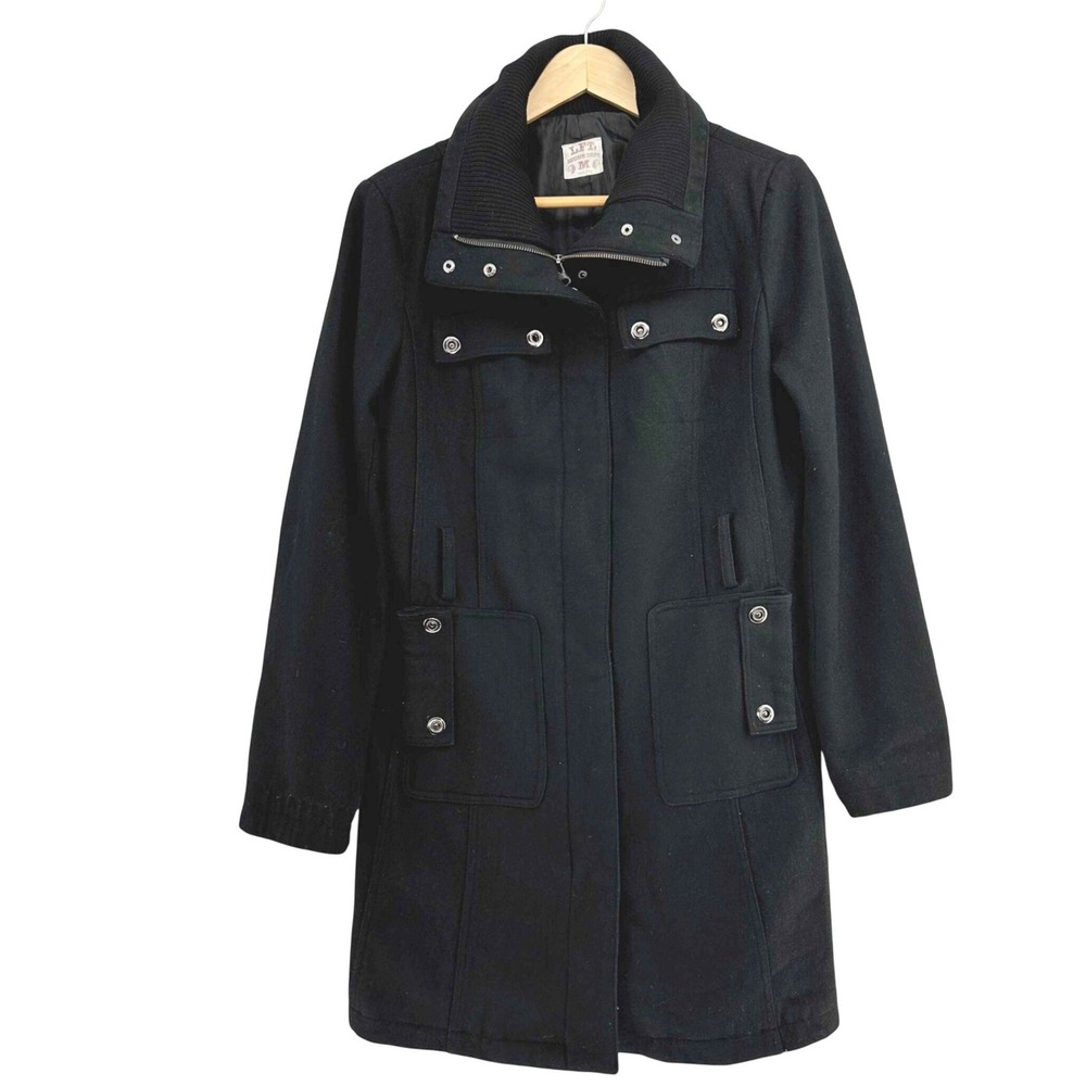 LFT Jeune Dept Black Wool Blend Utility Trench Coat Ribbed Collar Size M Y2K